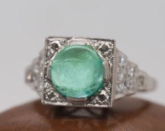 1930s Platinum Art Deco Cabochon Emerald Engagement Ring -