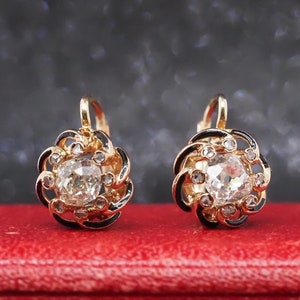 1900s 14k Yellow Gold Old Mine Diamond and Enamel Antique Earrings - VHK#449a