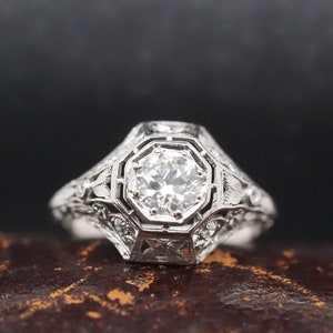Circa 1920s Platinum Filigree .50ct Old European Diamond Engagement Ring -