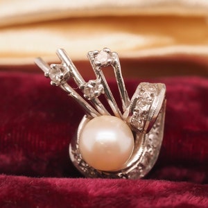 Colgante vintage de oro blanco de 14 k con perlas y diamantes -