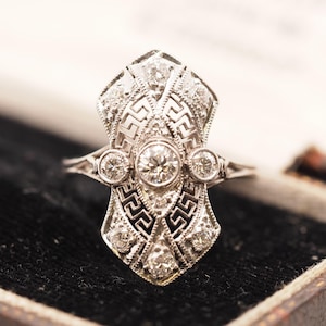 Circa 1920s Platinum Art Deco Old European Diamond Shield Ring - VHK#669A