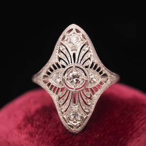 Circa 1920s Platinum Art Deco Filigree Old European Diamond Shield Ring - VHK#732