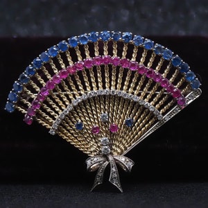 Vintage 14k Yellow Gold Ruby, Sapphire and Diamond Large Brooch - VHK#755a