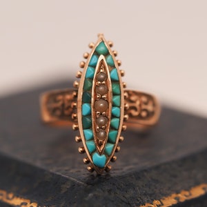 Victorian Rose Gold Turquoise and Pearl Ring - VHK#15a