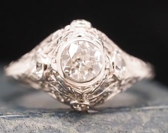 Platinum Edwardian 1922 Engraved Art Deco .55ct Old European Diamond Engagement - VHK#727