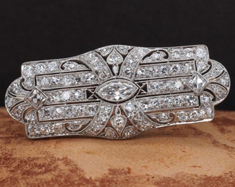 Circa 1920s Art Deco Platinum 2.50cttw Antique Marquise & French Cut Diamond Pin - VHK#492