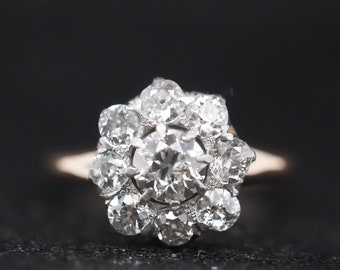 Edwardian 14k Yellow Gold and Platinum Diamond Cluster Halo Ring -