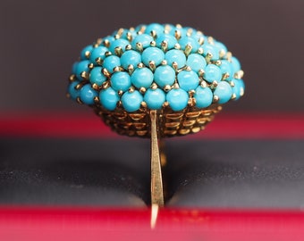 1960s 18K Yellow Gold Turquoise Nantucket Basket Ring - VHK#517