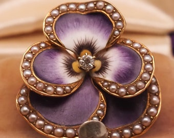Art Nouveau 14k Yellow Gold Pearl and Diamond Pansy Pendant and Brooch - VHK#720