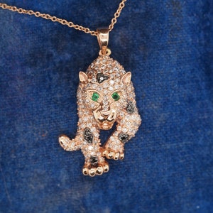 14K Rose Gold Diamond and Emerald Panther Pendant and Necklace - VHK#336