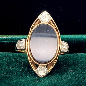 14K Gelbgold Art Deco Onyx und Alteuropäischer Diamant Ring - VHK # 12
