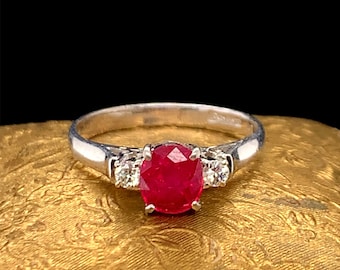 Platinum Ruby and Diamond 3 Stone Engagement Ring - VHK#24