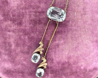 Victorian 14K Yellow Gold Bezel Set Aquamarine Drop Necklace - VHK#113
