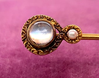1920s 14K Yellow Gold Moonstone and Pearl Stick Pin - VHK#62