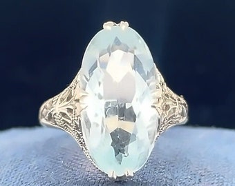 14k White Gold Art Deco Aquamarine Filigree Ring - VHK#109