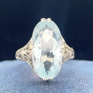 14k White Gold Art Deco Aquamarine Filigree Ring - VHK#109