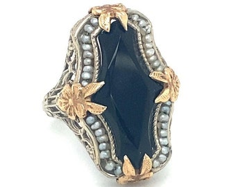 Circa 1920s Art Deco Onyx and Pearl Ring in Two Tone 14K Gold - VHK#125