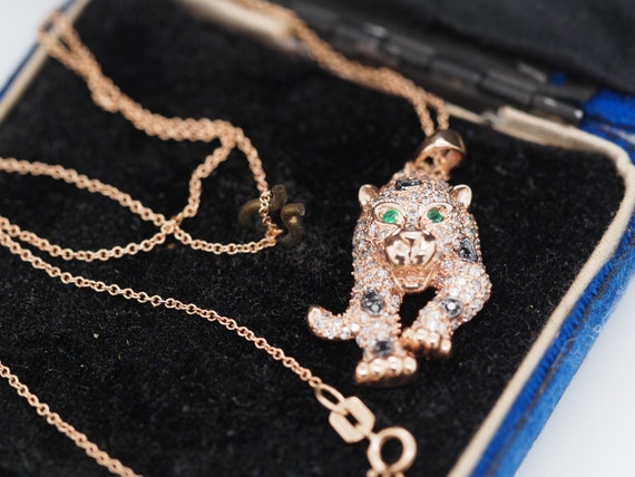 14K Rose Gold Diamond and Emerald Panther Pendant… - image 2