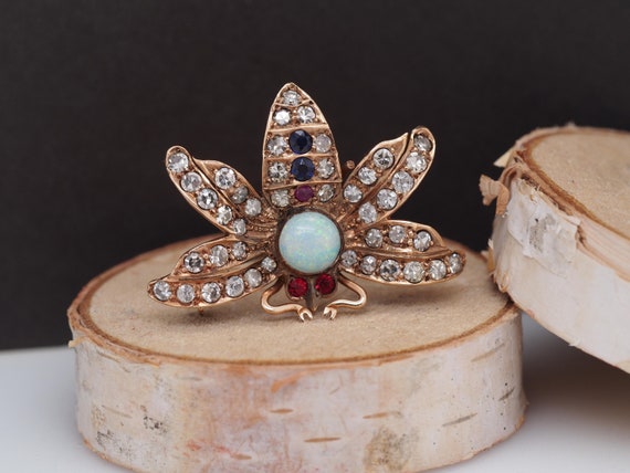 Circa 1900s 14K Yellow Gold Opal, Diamond, Sapphi… - image 1