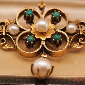 1950s 14k Yellow Gold Pearl and Turquoise Brooch and Pendant - VHK#705