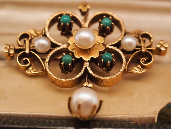 1950s 14k Yellow Gold Pearl and Turquoise Brooch … - image 1