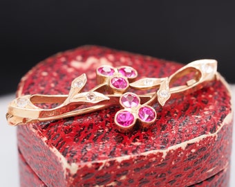 Edwardian 14K Rose Gold ruby and Diamond Brooch- VHK# 302