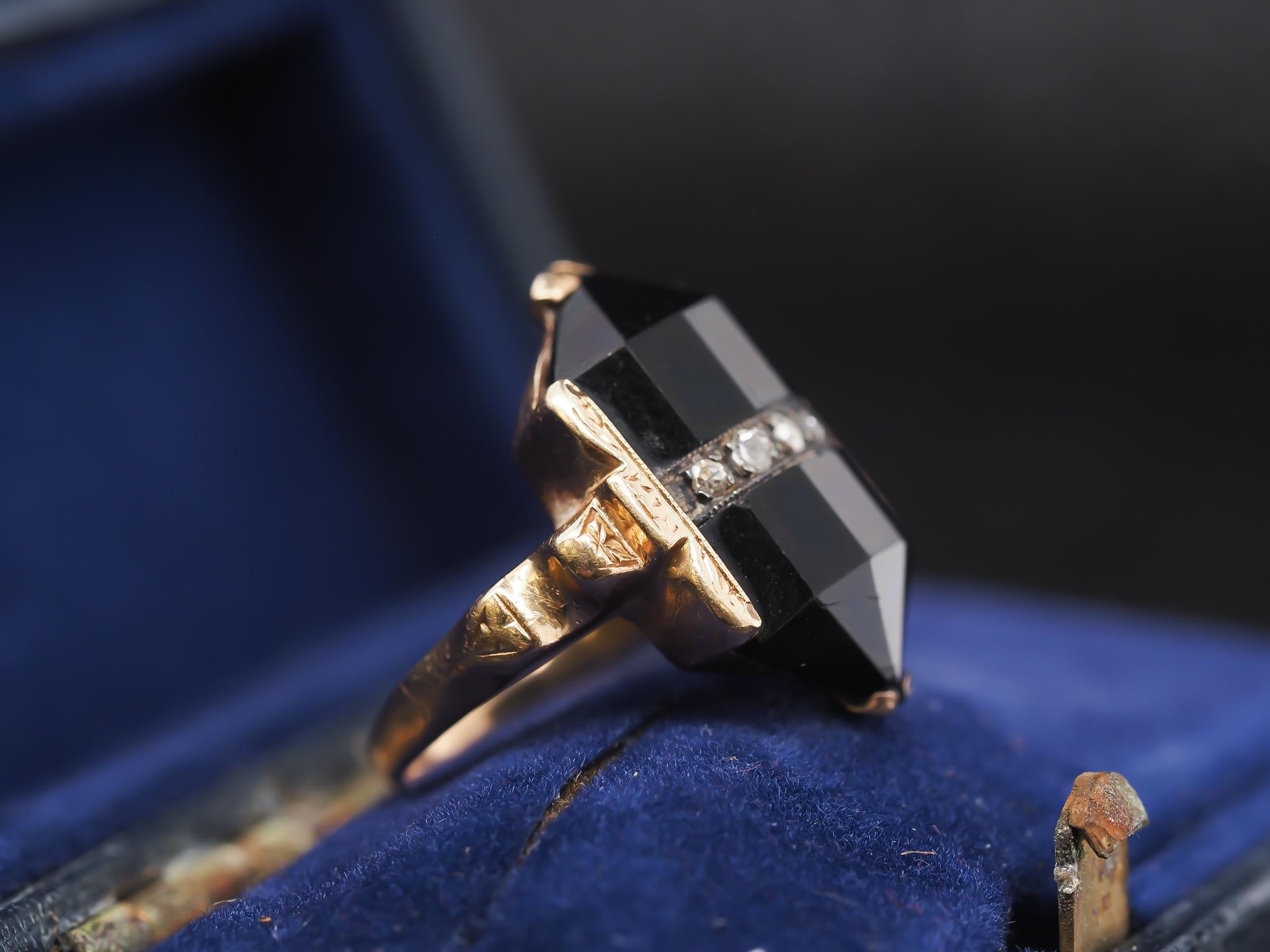 Circa 1920s Art Deco 14k Yellow Gold Diamond and Onyx Ring