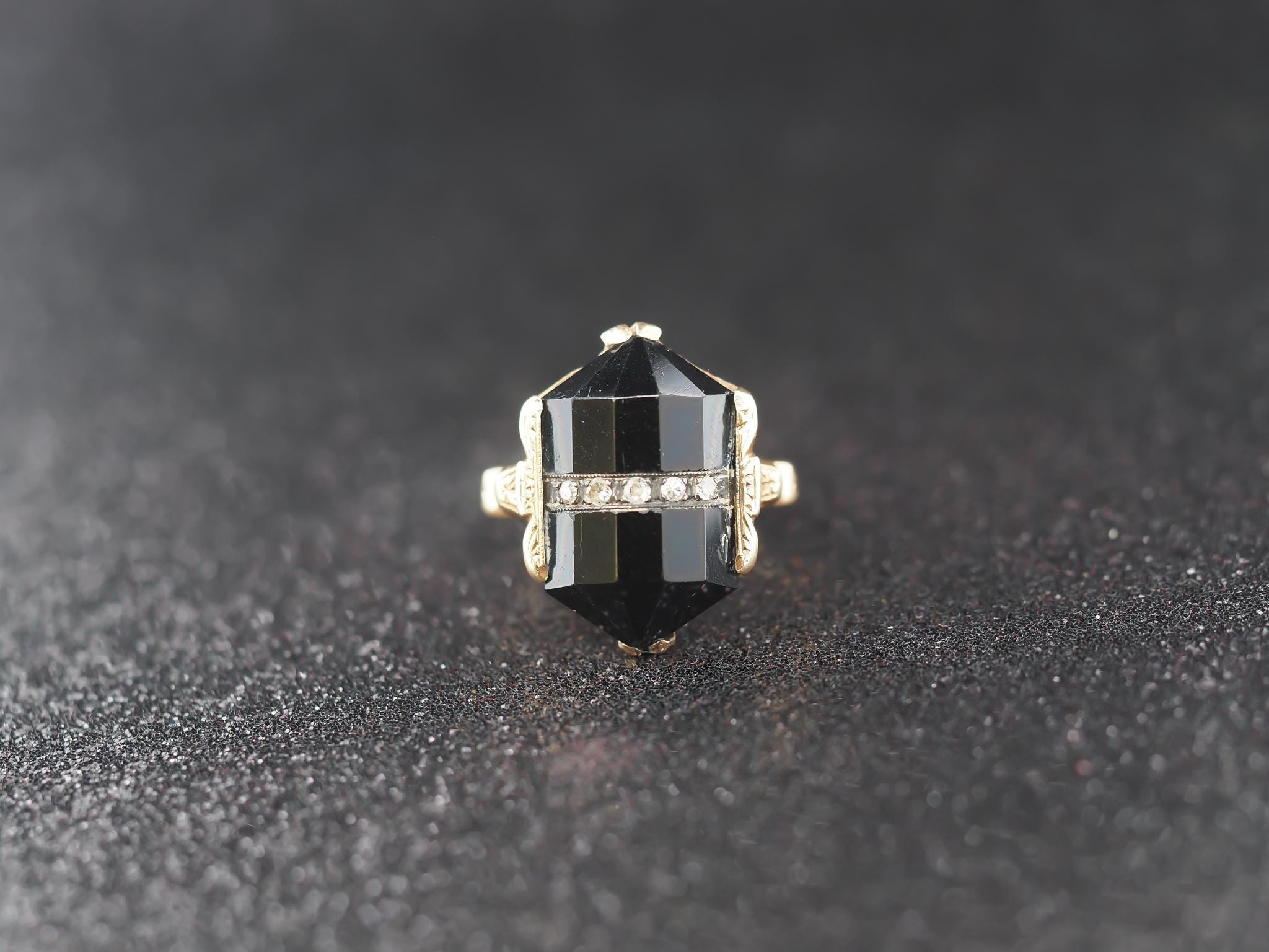 Circa 1920s Art Deco 14k Yellow Gold Diamond and Onyx Ring