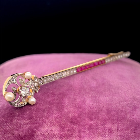 Art Deco 14K Rose Gold Ruby, Pearl and Diamond Sw… - image 1