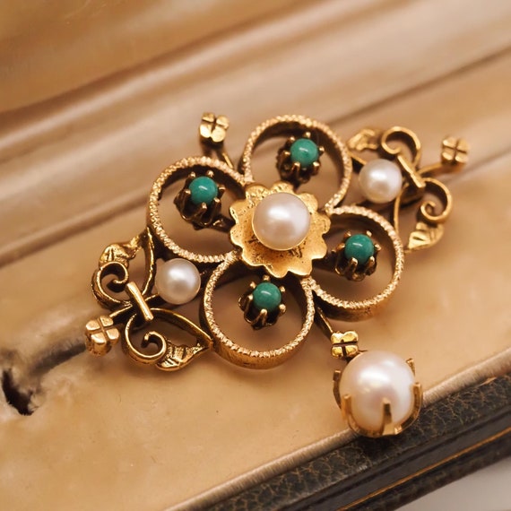 1950s 14k Yellow Gold Pearl and Turquoise Brooch … - image 4