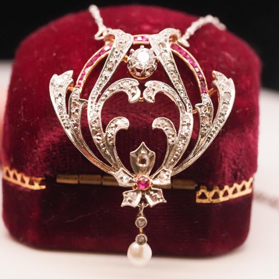Platinum Edwardian Pearl, Ruby and Diamond Pendan… - image 2