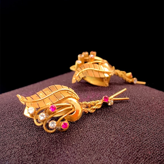 1950s 18k Yellow Gold Diamond Retro Dangle Earrin… - image 3