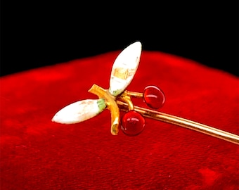 1920s 14K Yellow Gold Enameled Cherry Design Stick Pin - VHK#65