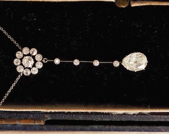 Circa 1900s Edwardian 14k Yellow Gold 2.00ct Antique Pear Diamond Drop Necklace - VHK#671