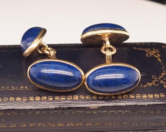Vintage Lapis 14k Yellow Gold Oval Shape Cufflinks - VHK#740