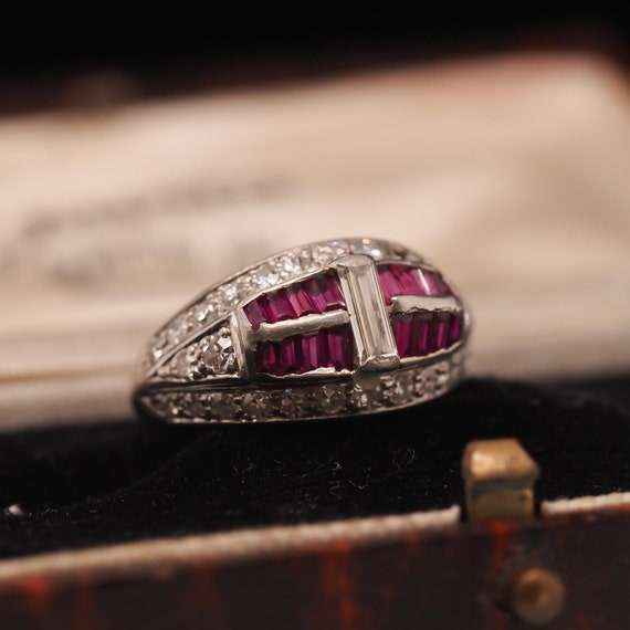 Art Deco Platinum Ruby and Baguette Diamond Ring … - image 2