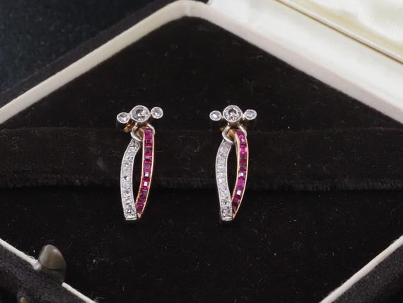 Edwardian Ruby and Diamond Drop Earrings in Gold … - image 1