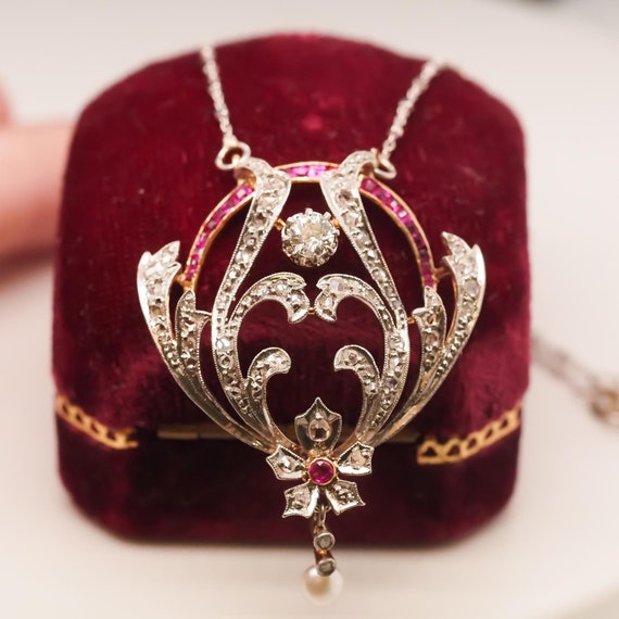 Platinum Edwardian Pearl, Ruby and Diamond Pendant
