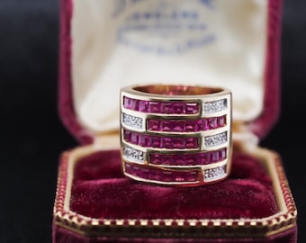 Vintage 14k Yellow Gold Ruby and Diamond Wide Band Ring - VHK#845