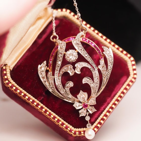 Platinum Edwardian Pearl, Ruby and Diamond Pendan… - image 3