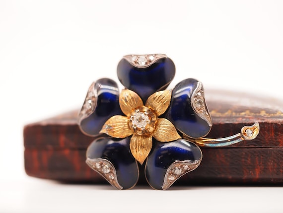 Broche Ancienne XIXe Siècle En Or Jaune 18k Avec Diamants Roses Et Perles De Culture - Bijou Vintage
