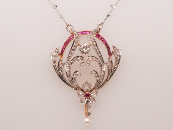 Platinum Edwardian Pearl, Ruby and Diamond Pendan… - image 4