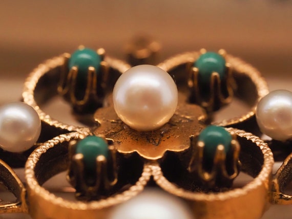 1950s 14k Yellow Gold Pearl and Turquoise Brooch … - image 8