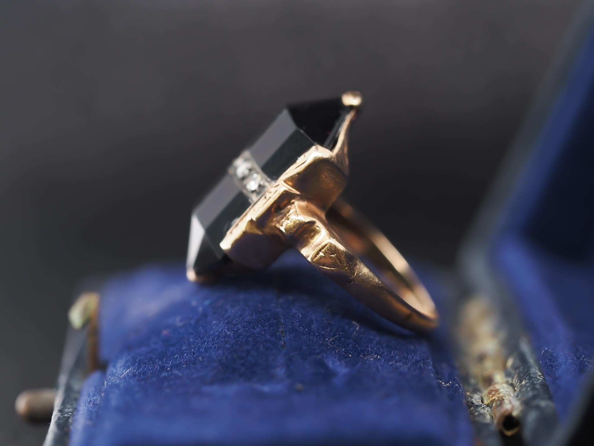 Circa 1920s Art Deco 14k Yellow Gold Diamond and Onyx Ring