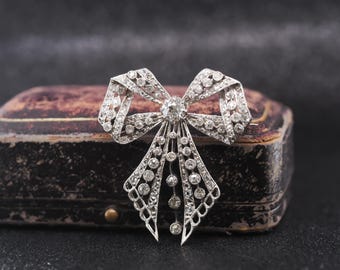 1900s Platinum Ribbon Bow Old European Diamond Brooch - VHK#148a