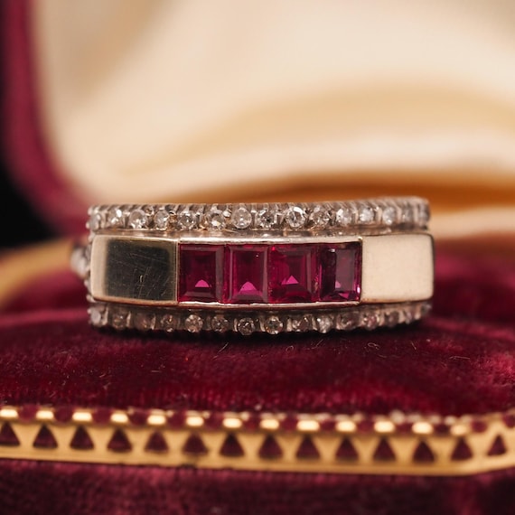 Vintage 18k White Gold Ruby and Diamond Wedding Ba