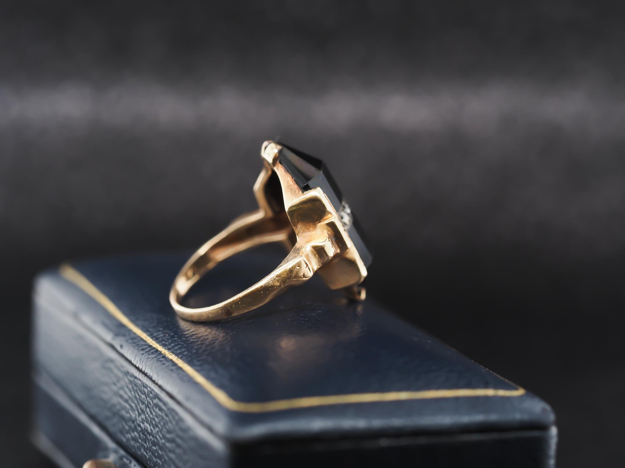 Circa 1920s Art Deco 14k Yellow Gold Diamond and Onyx Ring