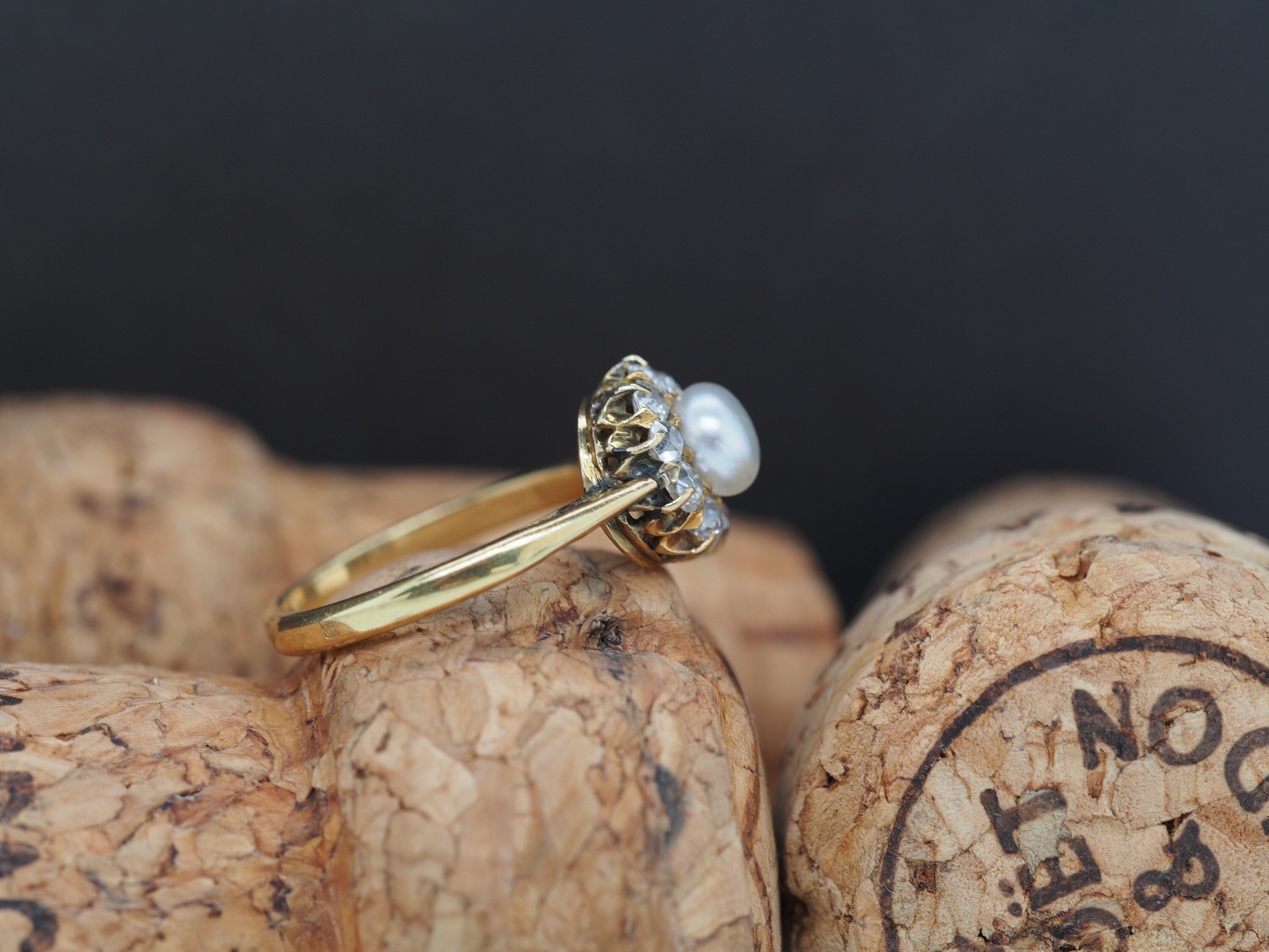 18K Yellow Gold Victorian Pearl Diamond Floral Engagement Ring