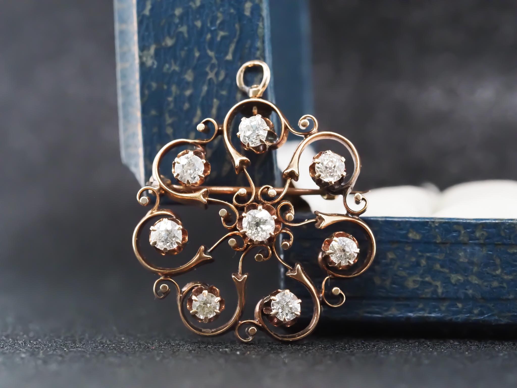 Circa 1900s 14k Yellow Gold Old Mine Diamond Pendant and Brooch