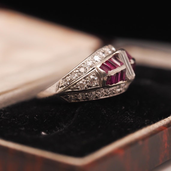 Art Deco Platinum Ruby and Baguette Diamond Ring … - image 3
